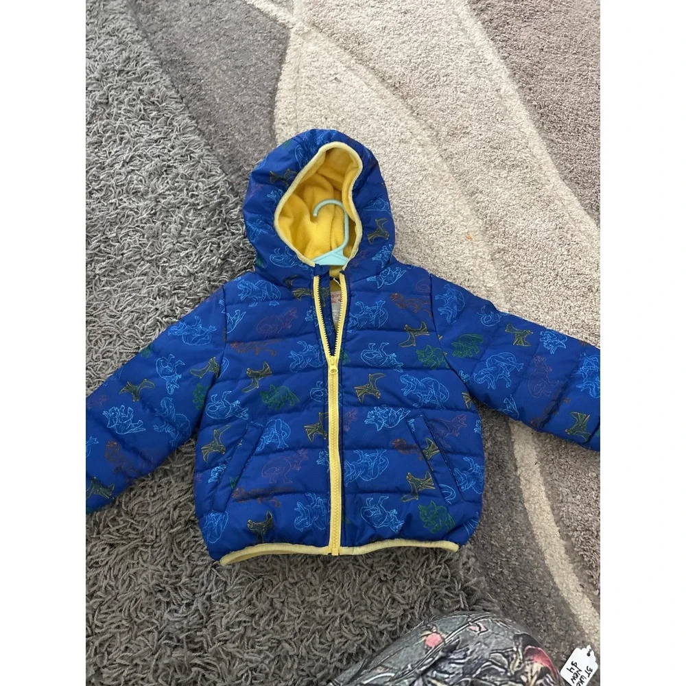 Jumping Beans Boys 3T Blue Dinosaur Print Fleece Lined Hooded Puffer Jacket Coat